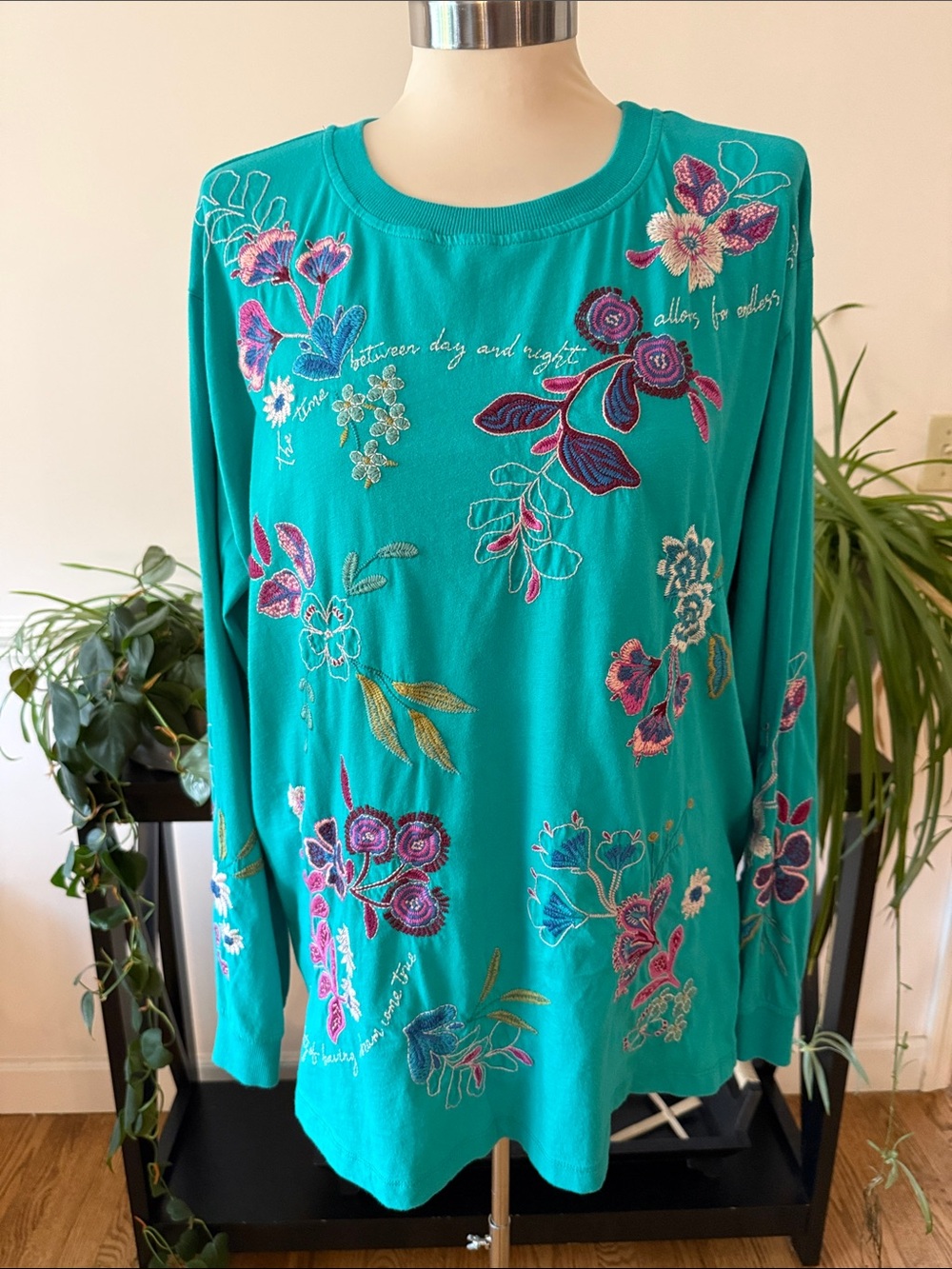 Johnny Was Teal Shilo Floral Embroidered Long Sleeve Tee